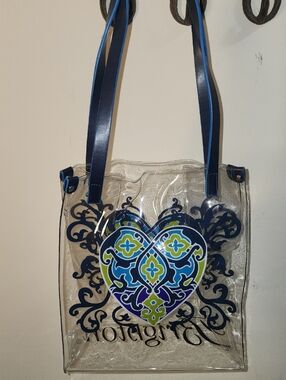 Brighton Leather Clear Tote Bag Blue Floral Heart Accent